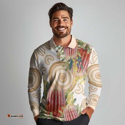 Australia Banksia Long Sleeve Polo Shirt Aussie Native Flowers Indigenous Art LT14