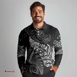 Aotearoa Personalized Lawn Bowls Maori Long Sleeve Polo Shirt New Zealand Black Tribal Silver Fern LT7