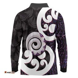 Aotearoa Koru Long Sleeve Polo Shirt Purple Maori Paua Shell Mix Silver Fern LT14
