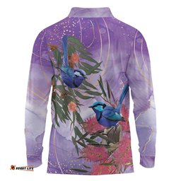Australia Splendid Fairy Wren on Eucalyptus Long Sleeve Polo Shirt Epilepsy Awareness LT7