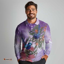 Australia Splendid Fairy Wren on Eucalyptus Long Sleeve Polo Shirt Epilepsy Awareness LT7