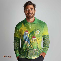 Budgerigar Australia Christmas Long Sleeve Polo Shirt Budgies Golden Wattle Aboriginal Green LT14