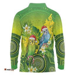 Budgerigar Australia Christmas Long Sleeve Polo Shirt Budgies Golden Wattle Aboriginal Green LT14