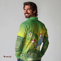 Budgerigar Australia Christmas Long Sleeve Polo Shirt Budgies Golden Wattle Aboriginal Green LT14