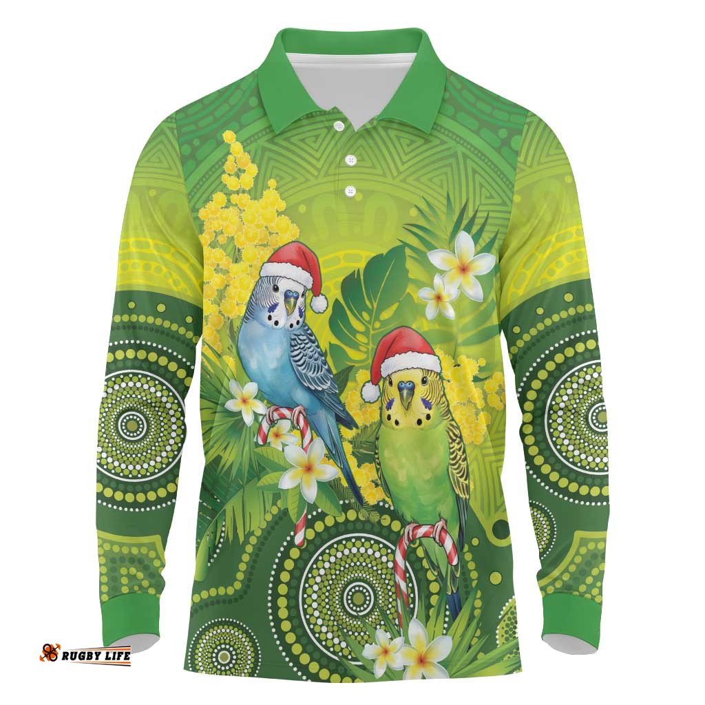 Budgerigar Australia Christmas Long Sleeve Polo Shirt Budgies Golden Wattle Aboriginal Green LT14