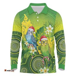 Budgerigar Australia Christmas Long Sleeve Polo Shirt Budgies Golden Wattle Aboriginal Green LT14