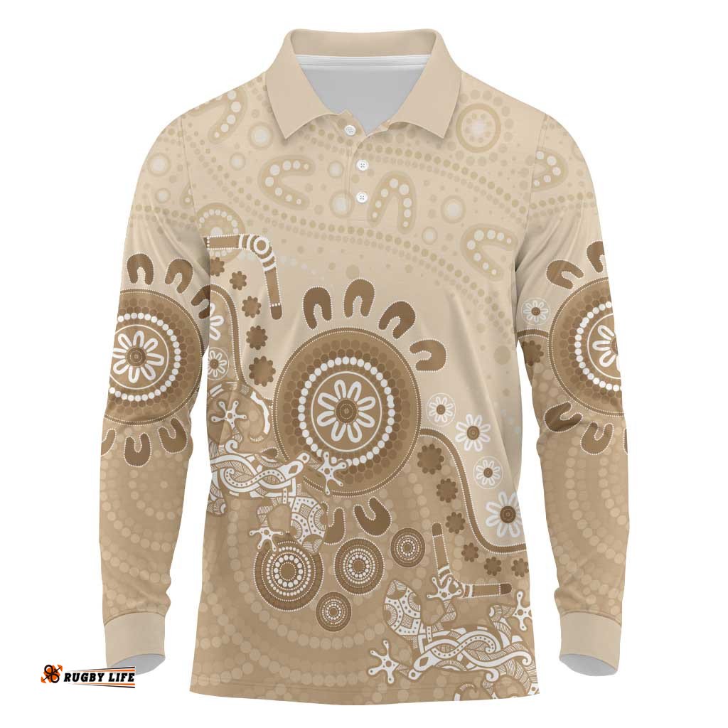 Beige Lizards Australia Long Sleeve Polo Shirt Boomerang Indigenous Art LT14