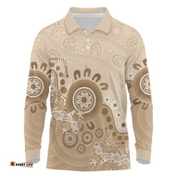 Beige Lizards Australia Long Sleeve Polo Shirt Boomerang Indigenous Art LT14