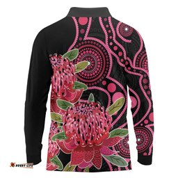 Australia Waratah Long Sleeve Polo Shirt Telopea Aussie Native Flowers Indigenous Art LT14
