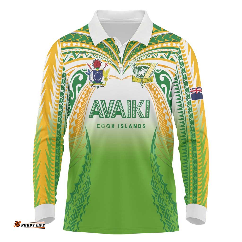 Custom Cook Islands Rugby League Long Sleeve Polo Shirt Avaiki Tatau Tribal Motifs White Color LT03