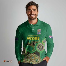 Custom Australia Cricket Spirit 2026 Long Sleeve Polo Shirt World T20 Edition - Green Aboriginal LT9