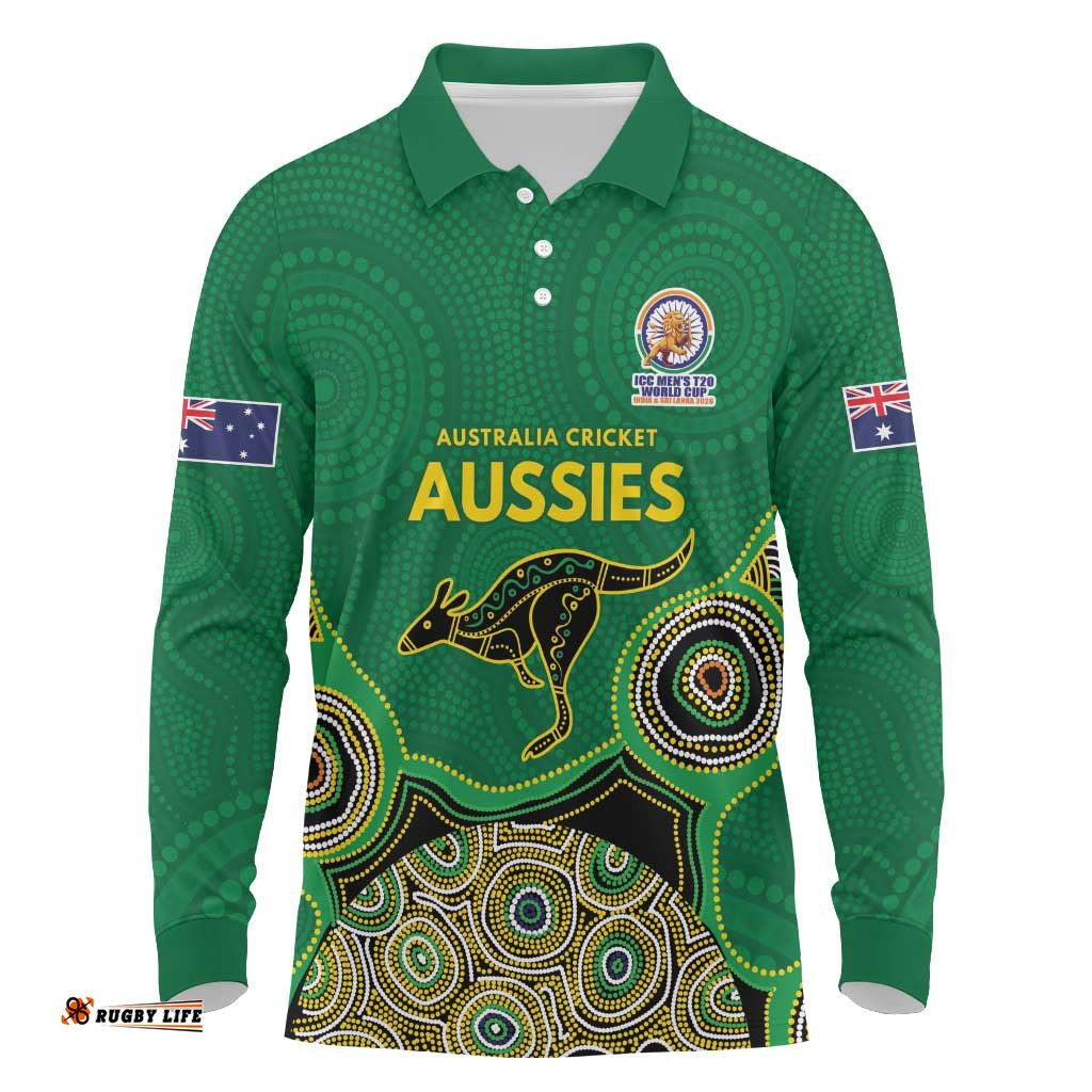 Custom Australia Cricket Spirit 2026 Long Sleeve Polo Shirt World T20 Edition - Green Aboriginal LT9