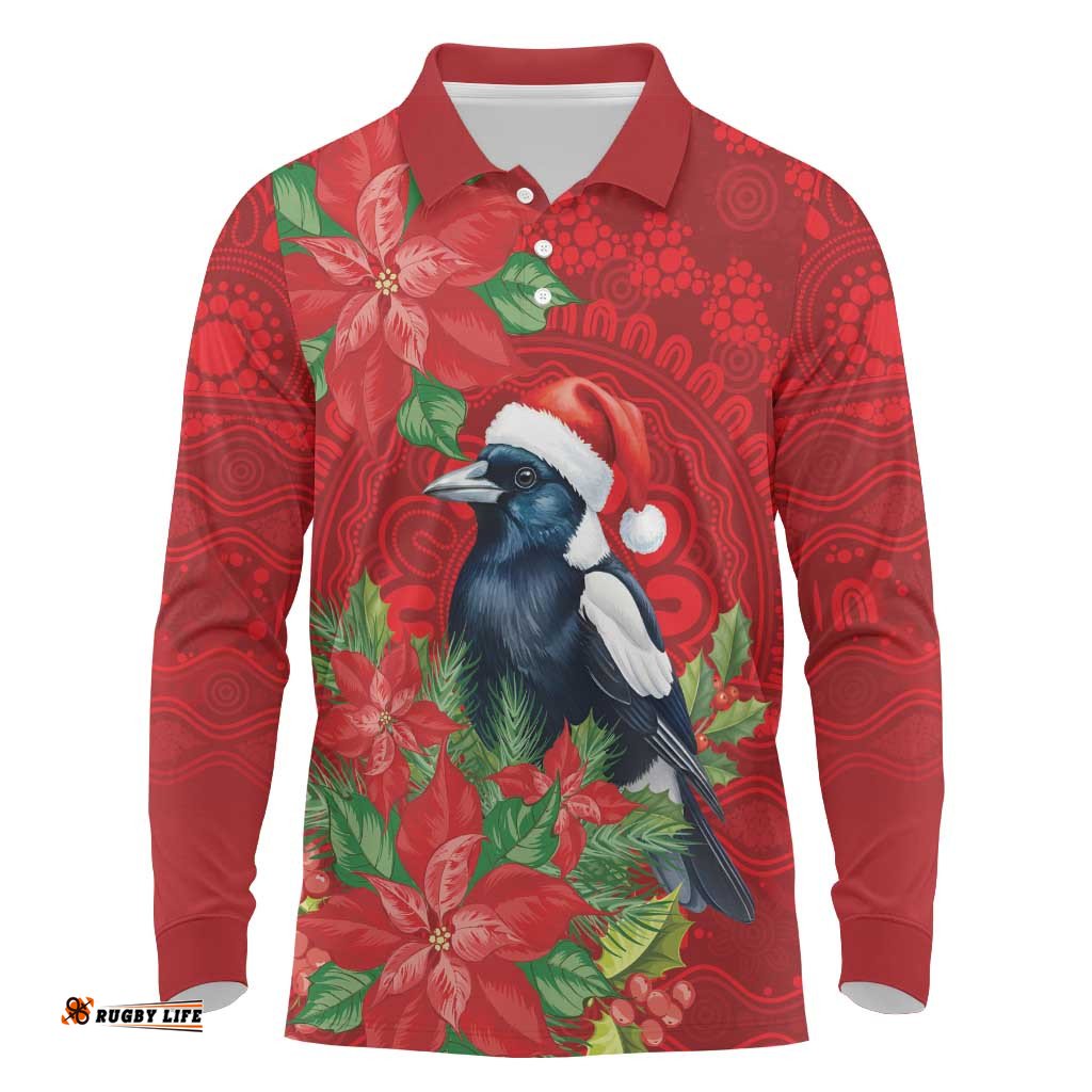 Australian Magpie Long Sleeve Polo Shirt Aboriginal Inspired Christmas LT9