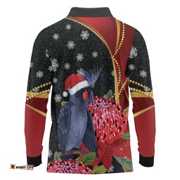 Australia Palm Cockatoo Christmas Long Sleeve Polo Shirt Probosciger Aterrimus Waratah Merry Chrissie LT14