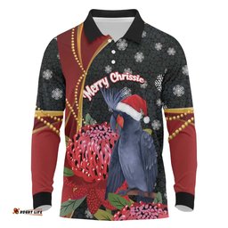 Australia Palm Cockatoo Christmas Long Sleeve Polo Shirt Probosciger Aterrimus Waratah Merry Chrissie LT14