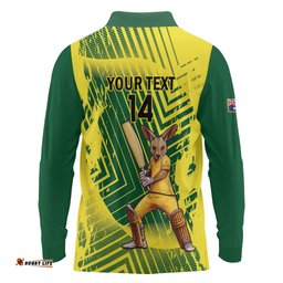 Custom Australia Cricket Long Sleeve Polo Shirt Aussie Baggy Greens - Kangaroo Mascot Style LT14