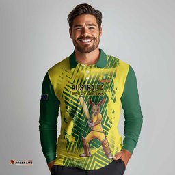 Custom Australia Cricket Long Sleeve Polo Shirt Aussie Baggy Greens - Kangaroo Mascot Style LT14