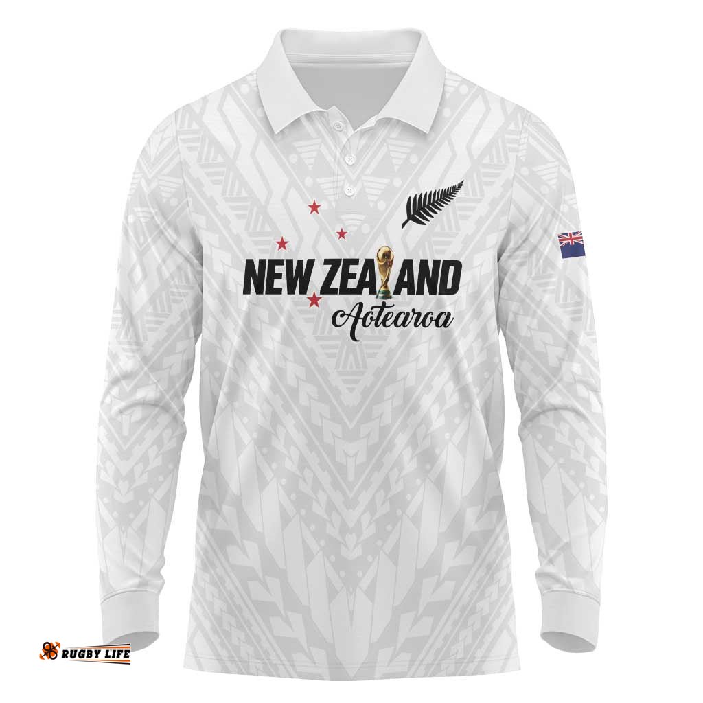 Custom Football New Zealand Long Sleeve Polo Shirt Aotearoa United White Version LT01