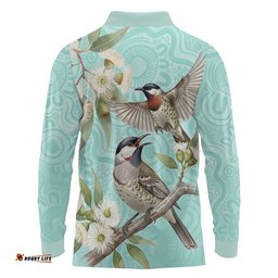 Australia Red Wattlebird Long Sleeve Polo Shirt Eucalyptus Alba Indigenous Art LT14