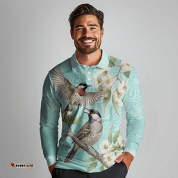 Australia Red Wattlebird Long Sleeve Polo Shirt Eucalyptus Alba Indigenous Art LT14
