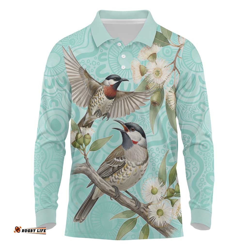 Australia Red Wattlebird Long Sleeve Polo Shirt Eucalyptus Alba Indigenous Art LT14