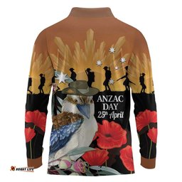 Australia Kookaburra ANZAC Day Long Sleeve Polo Shirt Rising Sun 25th April Poppy Eucalyptus Blossoms LT14