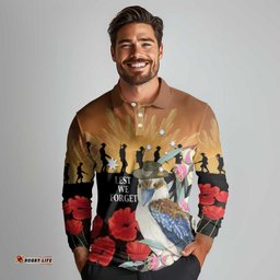 Australia Kookaburra ANZAC Day Long Sleeve Polo Shirt Rising Sun 25th April Poppy Eucalyptus Blossoms LT14