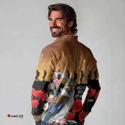 Australia Kookaburra ANZAC Day Long Sleeve Polo Shirt Rising Sun 25th April Poppy Eucalyptus Blossoms LT14