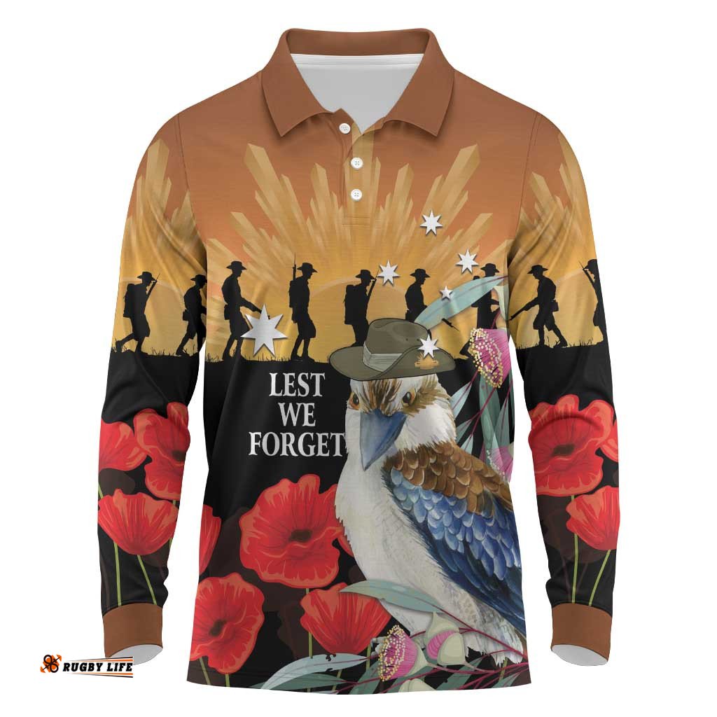 Australia Kookaburra ANZAC Day Long Sleeve Polo Shirt Rising Sun 25th April Poppy Eucalyptus Blossoms LT14
