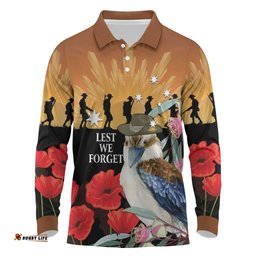 Australia Kookaburra ANZAC Day Long Sleeve Polo Shirt Rising Sun 25th April Poppy Eucalyptus Blossoms LT14