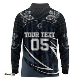 Custom Carlton Navy Long Sleeve Polo Shirt Captain With Aboriginal Art DT05