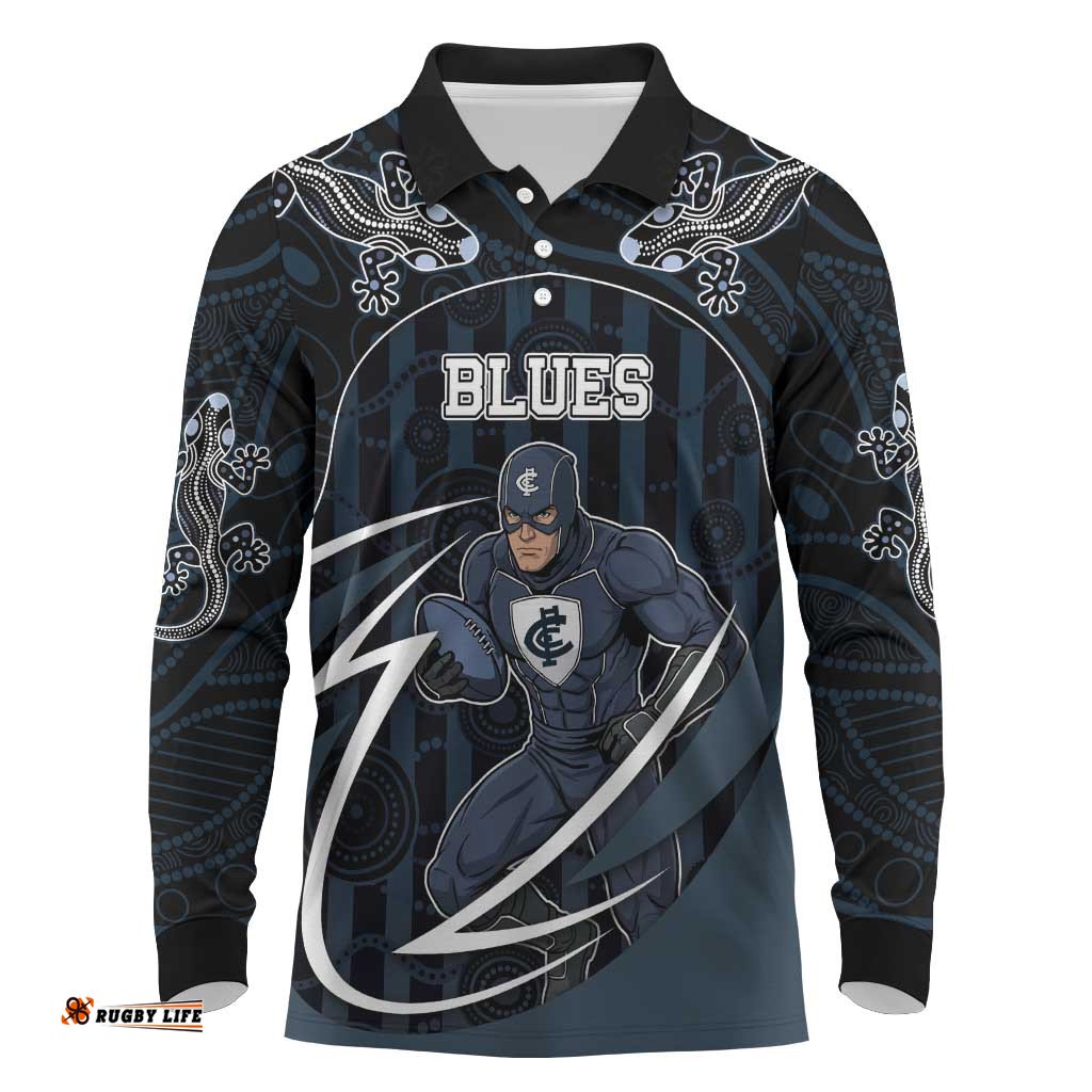Custom Carlton Navy Long Sleeve Polo Shirt Captain With Aboriginal Art DT05
