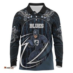 Custom Carlton Navy Long Sleeve Polo Shirt Captain With Aboriginal Art DT05