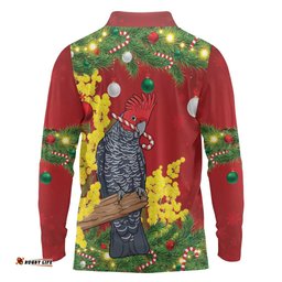 Australia Gang-gang Cockatoo Christmas Long Sleeve Polo Shirt Callocephalon Fimbriatum Golden Wattle Red LT14