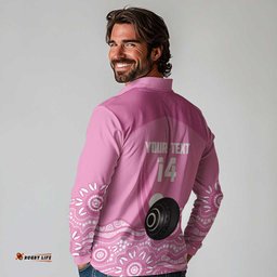 Custom Bowls Australia Breast Cancer Long Sleeve Polo Shirt Pink Ribbon Kangaroo Aboriginal Art LT14