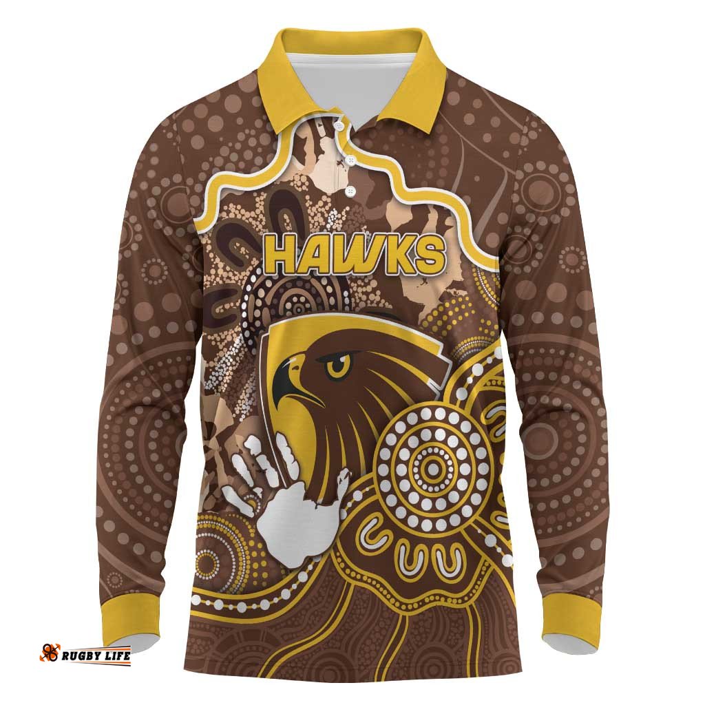 Custom Hawks Football Long Sleeve Polo Shirt Aboriginal Dot Art Pattern DT05