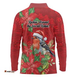 Australian Scarlet Robin Long Sleeve Polo Shirt Aboriginal Inspired Christmas LT9