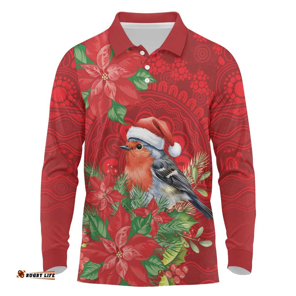 Australian Scarlet Robin Long Sleeve Polo Shirt Aboriginal Inspired Christmas LT9