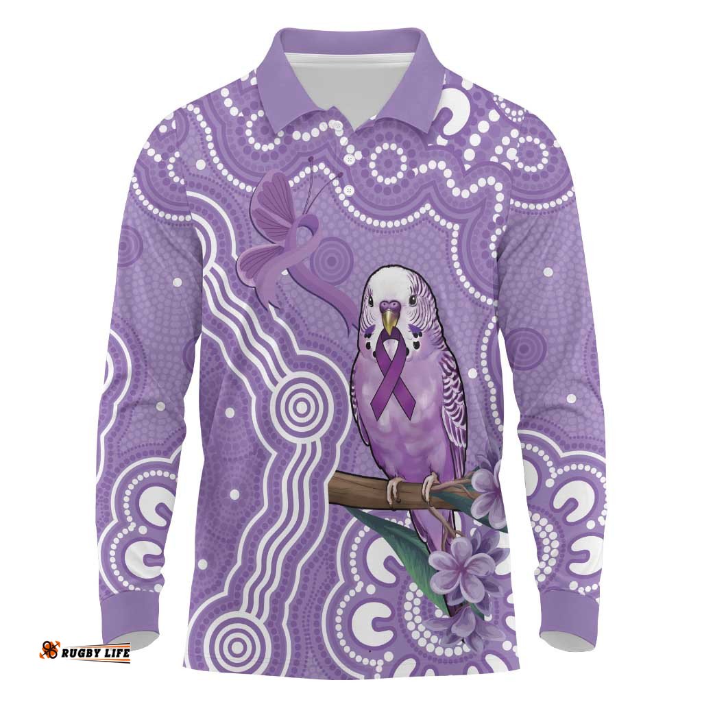 Australia Epilepsy Awareness Long Sleeve Polo Shirt Purple Budgerigar Plumeria Aboriginal LT14