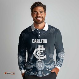 Custom Carlton Football Long Sleeve Polo Shirt Go Blues Aboriginal Art LT14