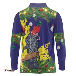 Australia Gang-gang Cockatoo Christmas Long Sleeve Polo Shirt Callocephalon Fimbriatum Golden Wattle Blue LT14