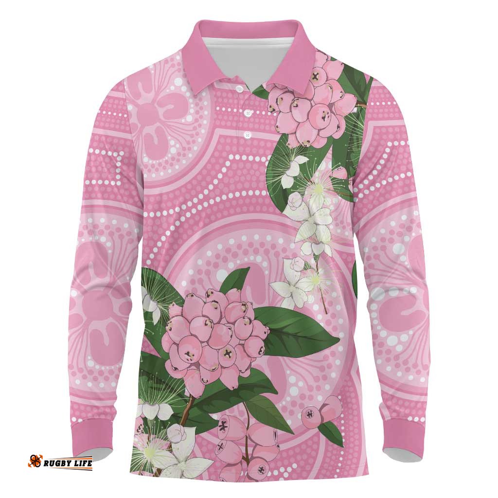 Australia Lilly Pilly Riberry Long Sleeve Polo Shirt Aussie Native Flowers Indigenous Art LT14