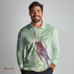 Australia Crimson Rosella Long Sleeve Polo Shirt Platycercus Elegans Eucalyptus Alba Watercolor LT14