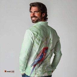 Australia Crimson Rosella Long Sleeve Polo Shirt Platycercus Elegans Eucalyptus Alba Watercolor LT14