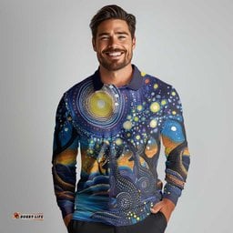 Australian Night Sky Landscape Long Sleeve Polo Shirt Aboriginal Dreamtime Story LT9