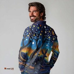 Australian Night Sky Landscape Long Sleeve Polo Shirt Aboriginal Dreamtime Story LT9