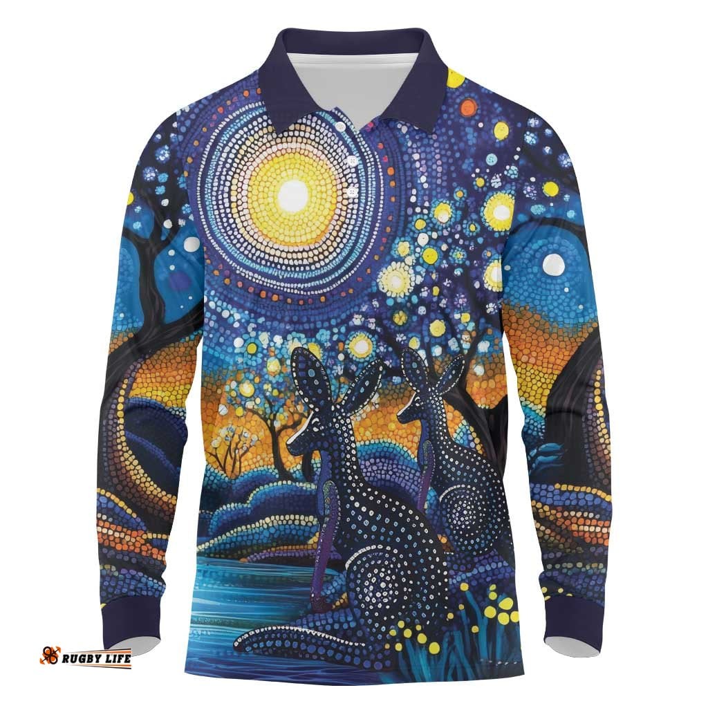 Australian Night Sky Landscape Long Sleeve Polo Shirt Aboriginal Dreamtime Story LT9
