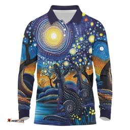 Australian Night Sky Landscape Long Sleeve Polo Shirt Aboriginal Dreamtime Story LT9