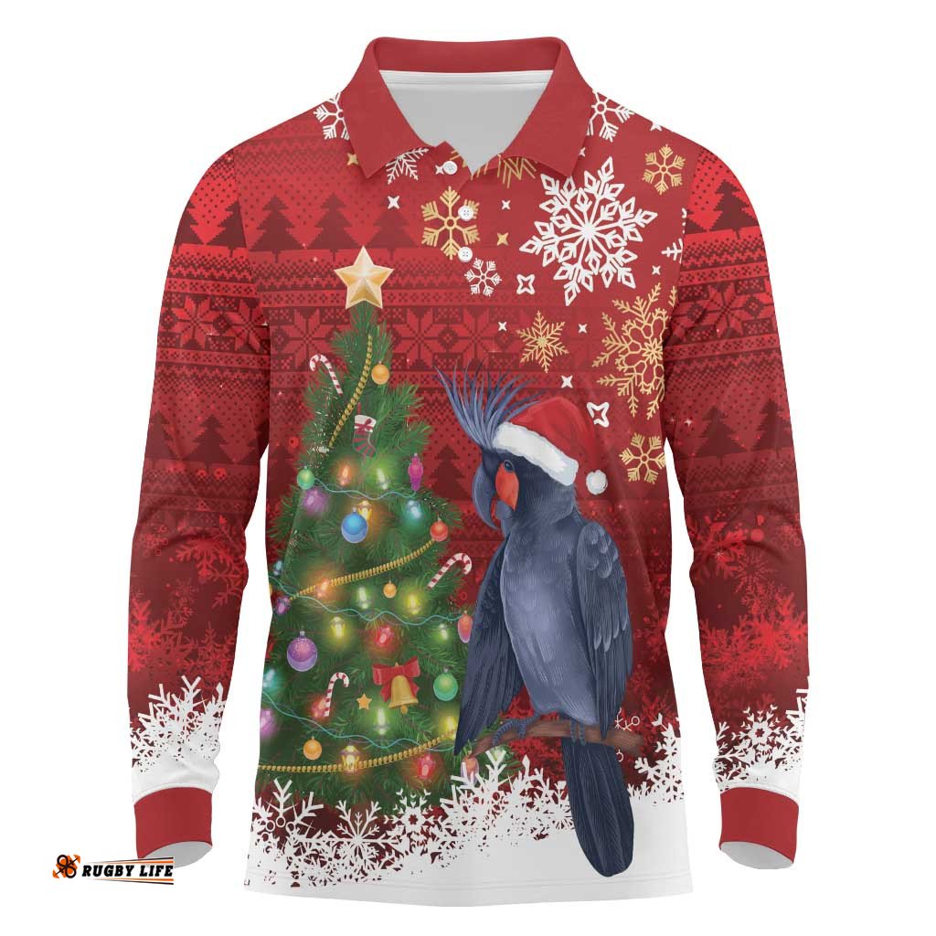 Australia Palm Cockatoo Christmas Long Sleeve Polo Shirt Goliath Cockatoo Santa Merry Chrissie LT14