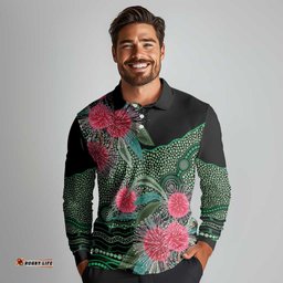Australia Hakea Long Sleeve Polo Shirt Aussie Native Flowers Indigenous Art LT14